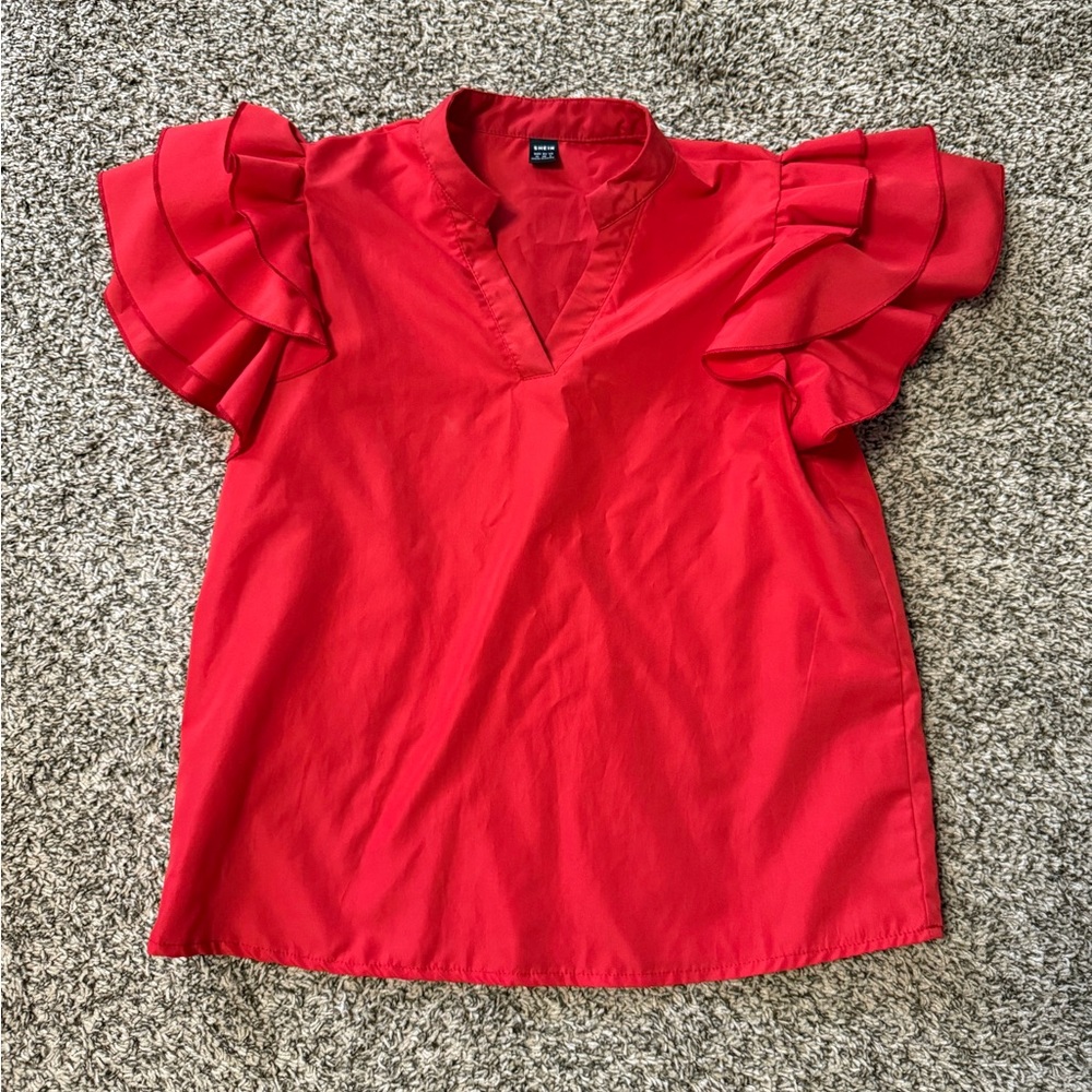 Red Ruffle Sleeve Blouse